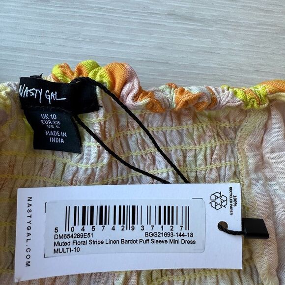 Nasty gal muted floral stripe linen bardot puff sleeve mini dress size 6 NWT - Picture 7 of 7
